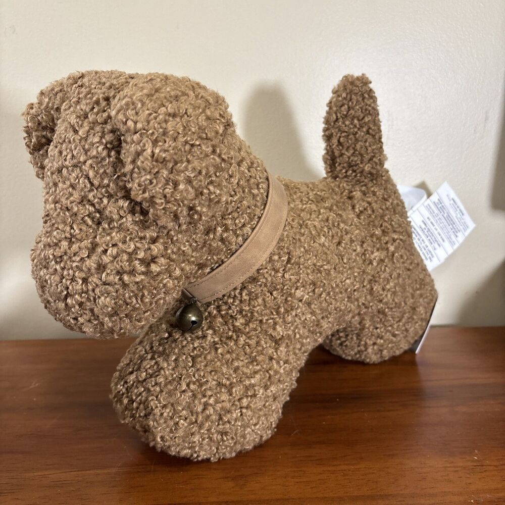 NWT Pottery Barn Cozy Teddy Faux Fur Dog With Bell Pillow Plush 17x11" Tobacco